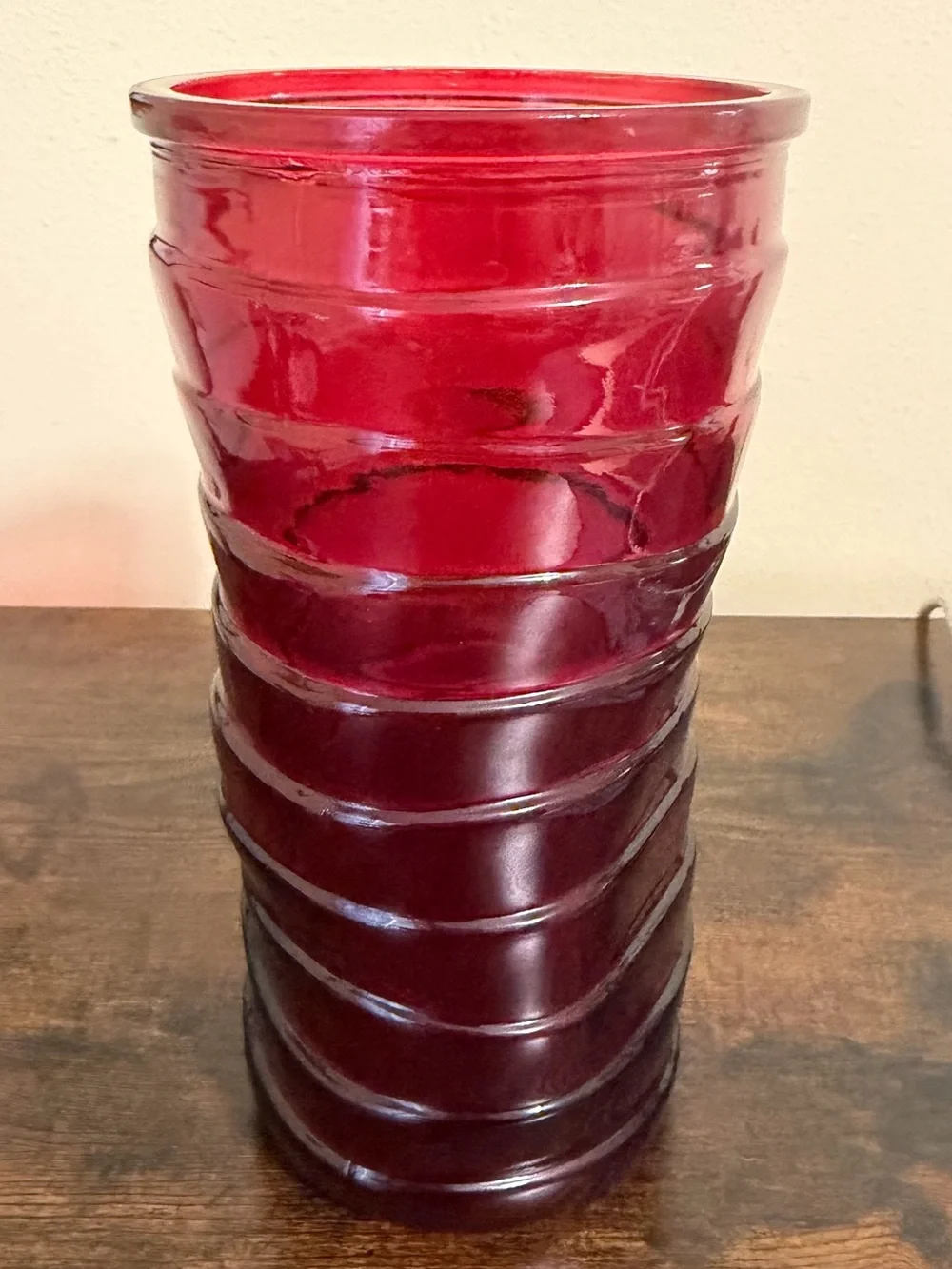 Red Hoosier Glass Vase- Swirl Texture- 8.5” Tall